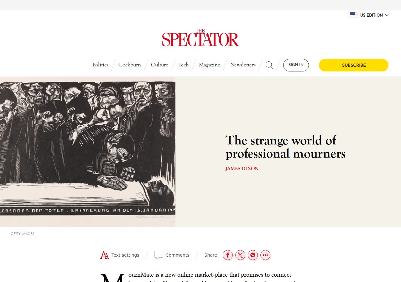 The Spectator, 26 September 2026: The strange world of professional mourners, by James Dixon. The article opens with MournMate.